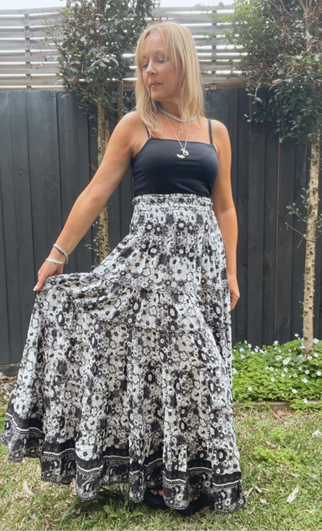 Eclectic Bohemian Tiered Maxiskirt Monochrome - Last 1 XXL