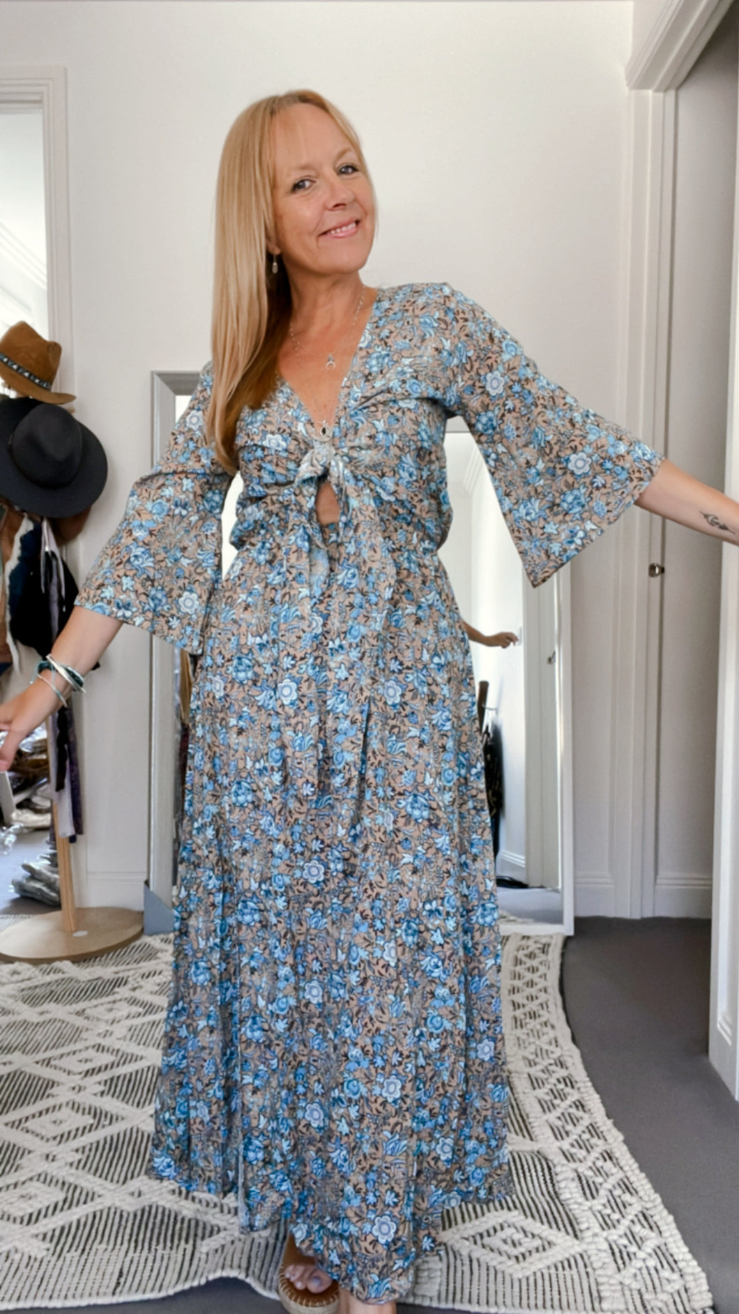 SALE - Eclectic Bohemian Front Tie Dress Blue