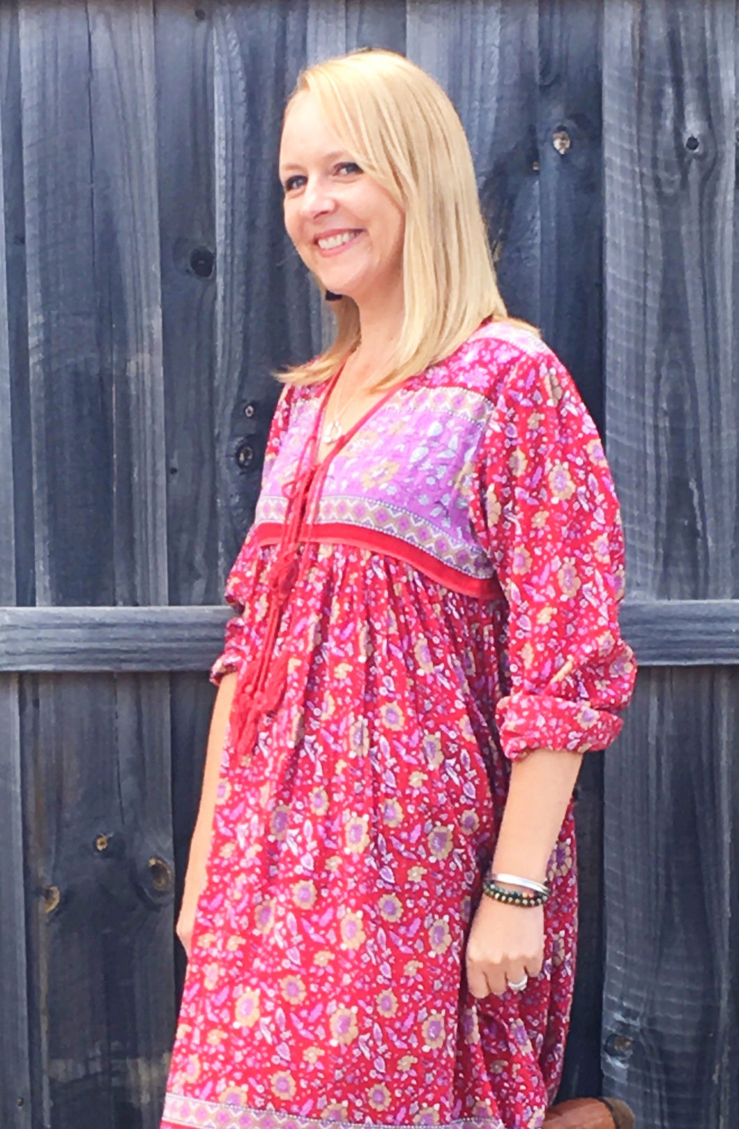 SALE - Folk Print Indian Cotton Gauze Dress Scarlett/Fuchsia Last 1 L