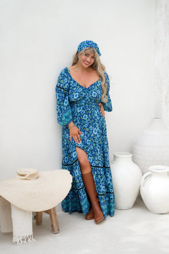 Eclectic Bohemian Bluebelle Fortune Teller Maxidress Long Sleeve Retro Floral Print