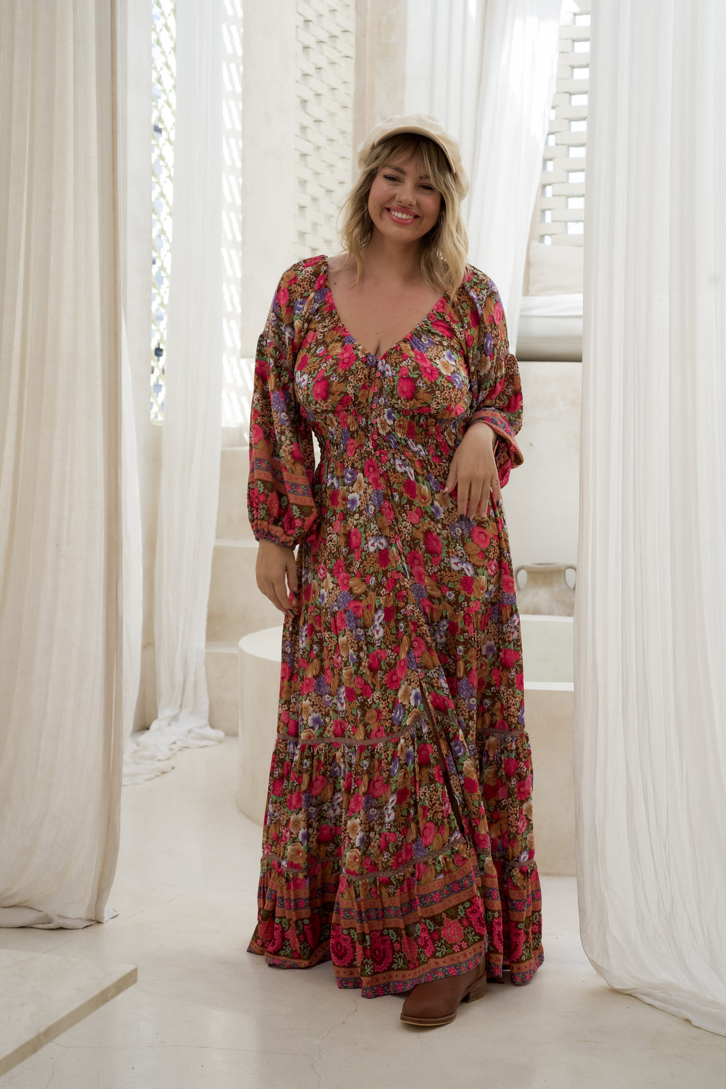 Eclectic Bohemian Fortune Teller Maxidress Long Sleeve Chocolate Rose