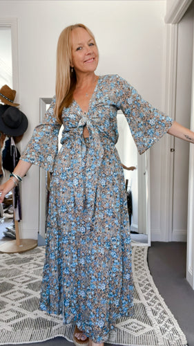 SALE - Eclectic Bohemian Front Tie Dress Blue