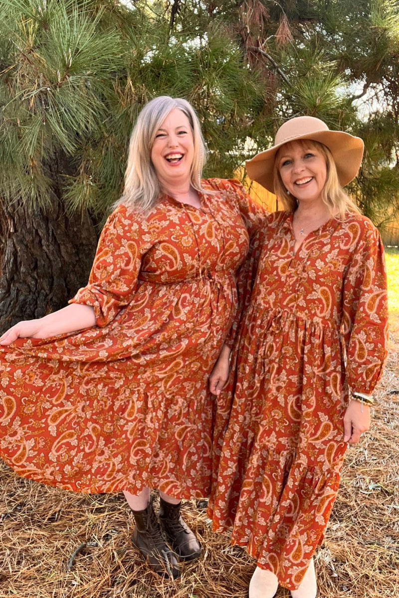 Gizelle Smock Dress Rust Paisley Maxi | Eastern Eclectica