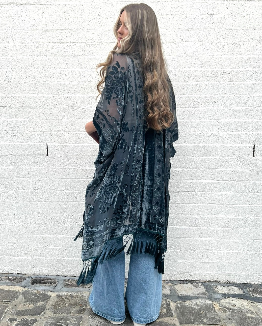 Boho Poncho Velvet Tassel Steel Grey