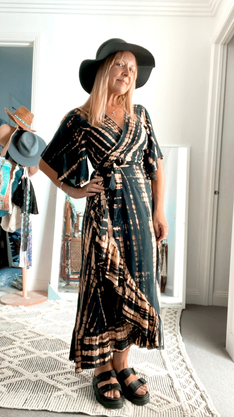 Eclectic Bohemian Wrap Dress Black Tie Dye Eastern Eclectica