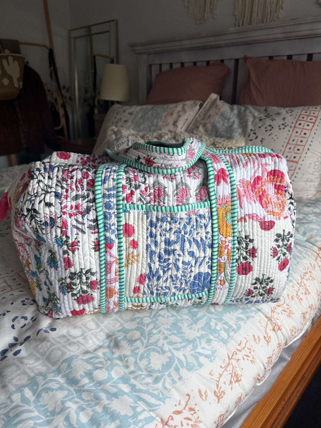 Block Print Over Night Bag Large Pastel Floral
