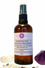 Aromatherapy spray bottle labeled 'Meditation & Relaxation' with a white label on a white background.