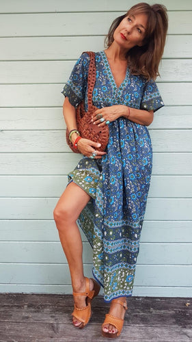 SALE - Folk Print Santorini Sundress Dark Blue and Green -Last 1 XXL